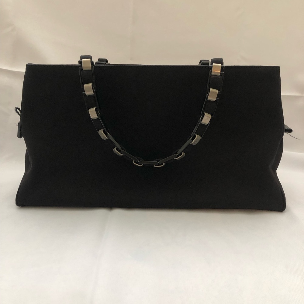 Salvatore Ferragamo Black Canvas Handbag With Leather & Chain Handles